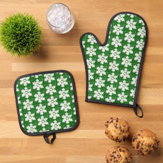 Elegante sprankelende glitter groene ijzige sneeuw ovenwant & pannenlap set (Top down)