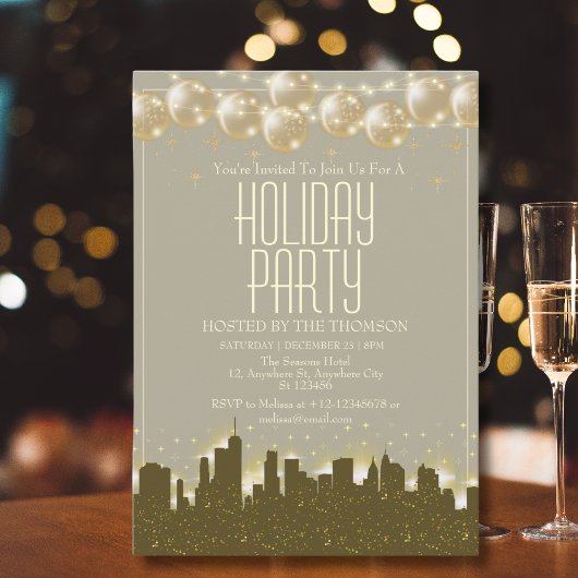 Elegante sprankelende Golden Skyline Holiday Party Kaart