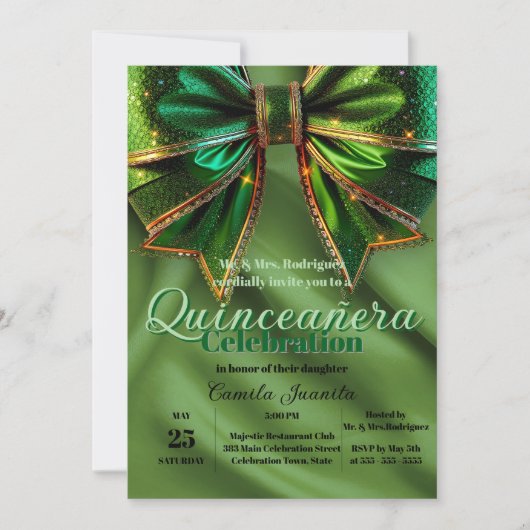 Elegante sprankelende groene boog op satijn Quince Kaart (Voorkant)