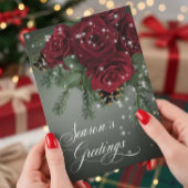 Elegante sprankelende rode rozen & dennenkerst feestdagenkaart