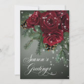 Elegante sprankelende rode rozen & dennenkerst feestdagenkaart (Voorkant)