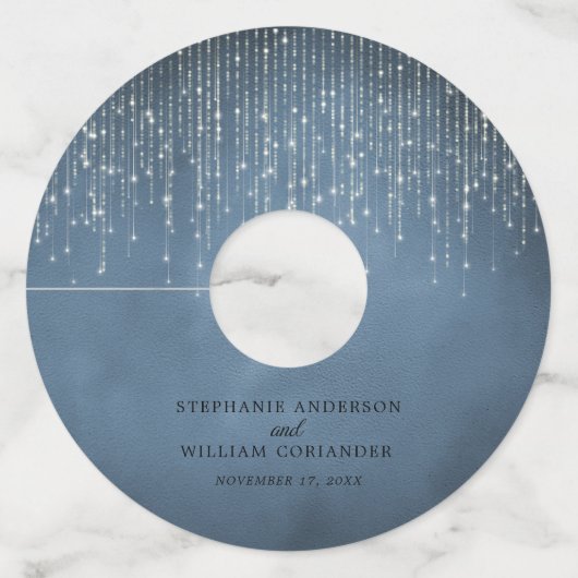 Elegante Sprankelende String Lights Denim Blue Bru Wijnglaslabel (Voorkant)