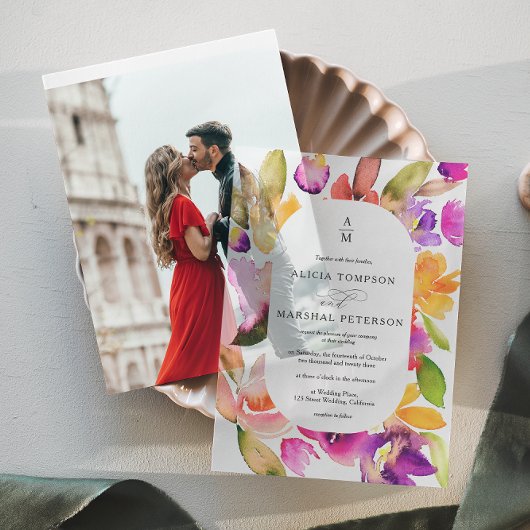 Elegante Spring Bold Bloemen Waterverf bruiloft Vellum Uitnodigingen