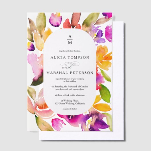Elegante Spring Bold Bloemen Waterverf bruiloft Vellum Uitnodigingen (Offset)