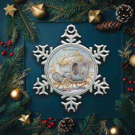 Elegante Sprookjesblauwe en Gouden Kerstcoach Tin Sneeuwvlok Ornament