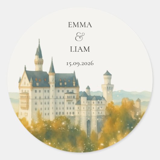 Elegante Sprookjeskasteel Bruiloft Ronde Sticker (Voorkant)