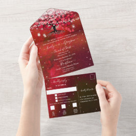 Elegante Sprookjeslichtjes Rood Hart Blad Boom Bru All In One Uitnodiging