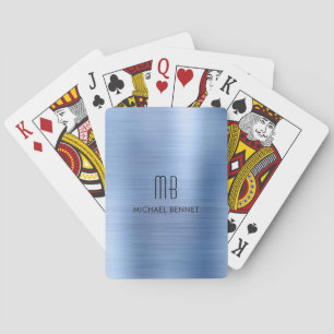 Elegante Stalen Blau Geborsteld Metallic Monogram Pokerkaarten