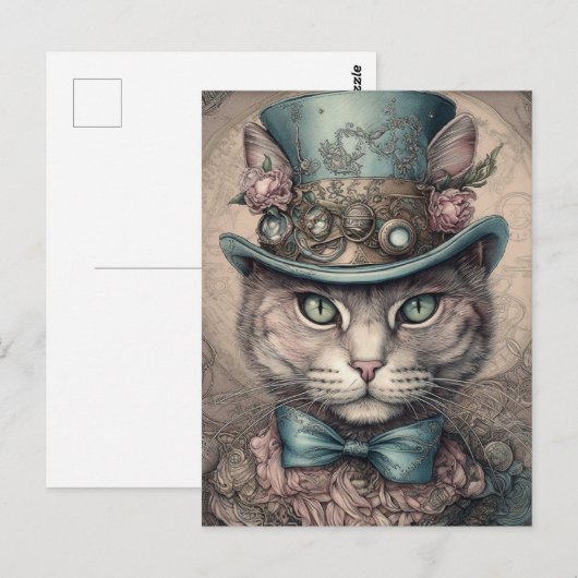Elegante Steampunk Kat Briefkaart (Voorkant / Achterkant)