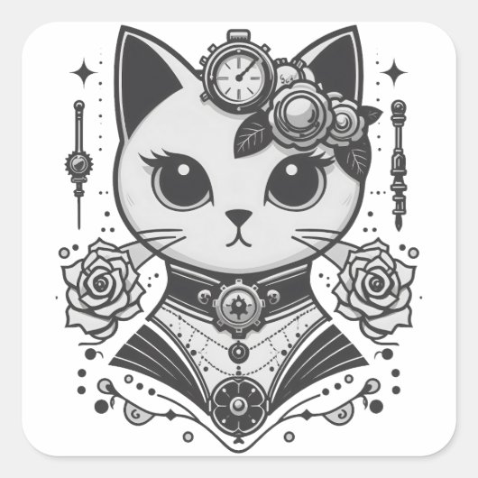 Elegante Steampunk Victoriaans Cat Vierkante Sticker (Voorkant)