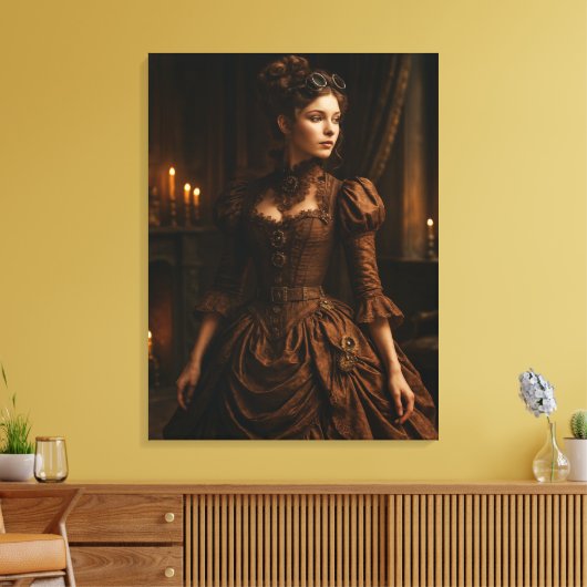 Elegante Steampunk Victoriaanse Dame in Bruin Canvas Afdruk (Insitu (Woonkamer))