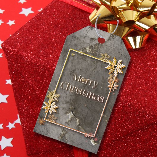 Elegante steenstructuur goud sneeuwvlok Kerstmis Cadeaulabel