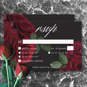 Elegante stemmige bloedrode rozen bloemendiner RSVP kaartje