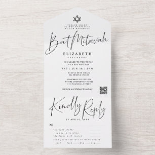 Elegante Ster van David Bat Mitzvah QR maaltijd op All In One Uitnodiging
