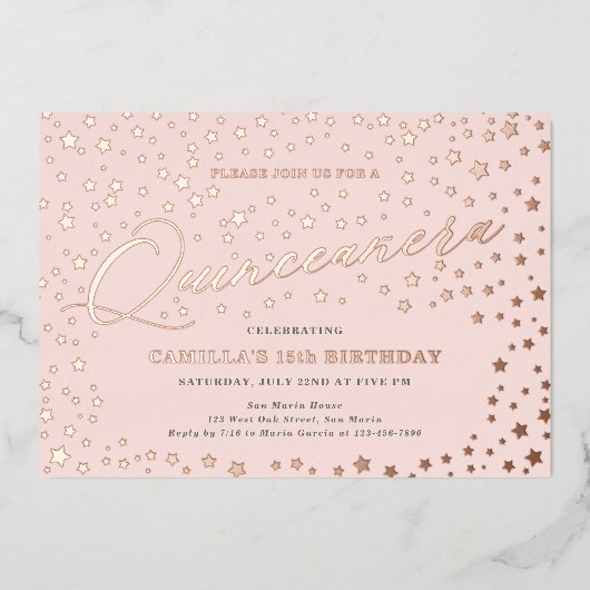 Elegante sterren Quinceañera 15e verjaardagsfeest Folie Uitnodiging (Voorkant)