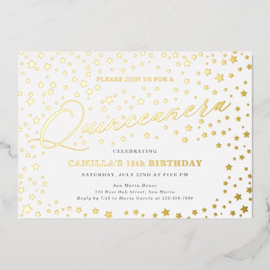 Elegante sterren Quinceañera 15e verjaardagsfeest Folie Uitnodiging (Voorkant)