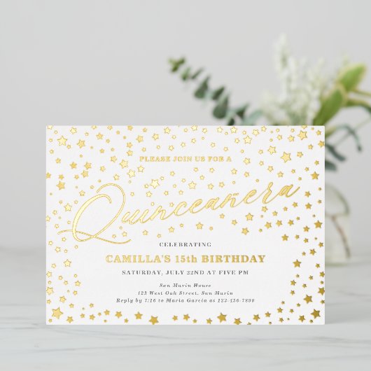 Elegante sterren Quinceañera 15e verjaardagsfeest Folie Uitnodiging (Staand Voorkant)