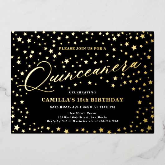 Elegante sterren Quinceañera 15e verjaardagsfeest Folie Uitnodiging (Voorkant)