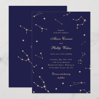 Elegante sterrenbeeld blauw en gouden bruiloft kaart