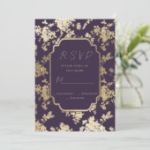 Elegante Stijl Donker Paarse Gouden Bloemen RSVP Kaart (Staand voorkant)