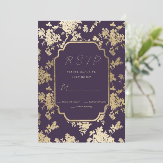 Elegante Stijl Donker Paarse Gouden Bloemen RSVP Kaart (Staand voorkant)