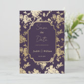 Elegante Stijl Donker Paarse Gouden Flora Save the Kaart (Staand voorkant)