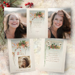 Elegante  Stijl Holly en Foto Drieluik Wenskaart<br><div class="desc">Elegante gerestaureerde vintage kerstillustratie met groene en gouden hulst,  gouden decoratieve versieringen,   vrolijke kerstgroeten en ronde fotosjabloon aan de voorkant met subtiele blauwgroen en ecru achtergrond. Binnenpanelen zijn voorzien van extra fotosjablonen,  aanvullende  afbeeldingen en bewerkbare tekstvelden.</div>
