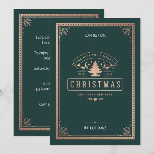 Elegante  stijl Hunter Green Christmas Party Kaart (Voorkant / Achterkant)