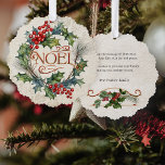 Elegante   stijl Noel Floral Ornament Kaart<br><div class="desc">Elegante artistieke kerstbloem met unieke  -stijl "Noel" tekst in holly en dennenkrans op verouderde perkament achtergrond. De achterkant bevat complementaire bloemenafbeeldingen en bewerkbare tekstvelden.</div>