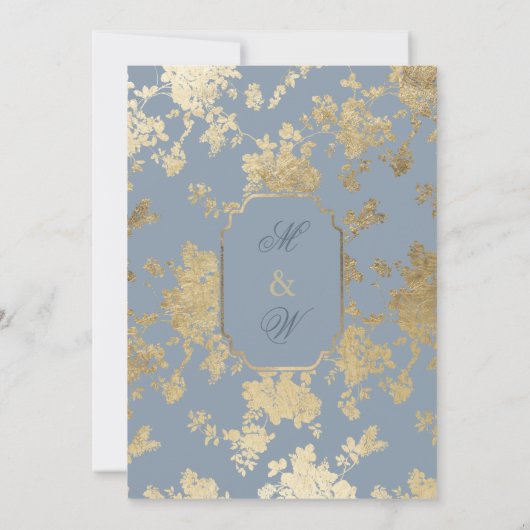 Elegante Stijl Stoffig Blauw Goud Bloemen Huwelijk Kaart (Achterkant)
