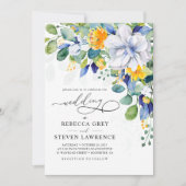 Elegante stijlvolle bloemen geel wit blauw bruilof kaart (Voorkant)