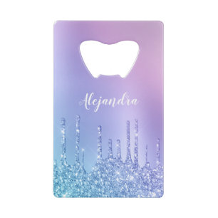 Elegante stijlvolle chick blauwe & paarse glinster creditkaart flessenopener