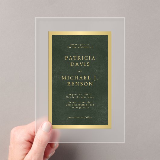Elegante stijlvolle donkergroen gouden lijst bruil acryl uitnodigingen (Insitu (Draagbaar))