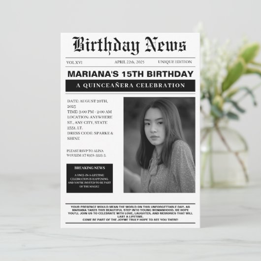 Elegante stijlvolle krant Quinceañera Kaart (Staand voorkant)