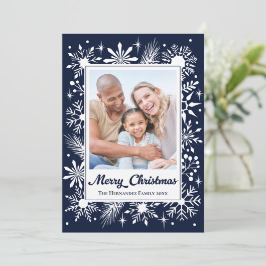 Elegante Stijlvolle Marine Sneeuwvlok Familie Foto Feestdagenkaart (Staand voorkant)