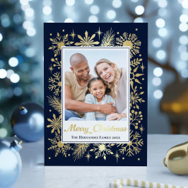 Elegante Stijlvolle Marine Sneeuwvlok Familie Foto Folie Feestdagenkaart