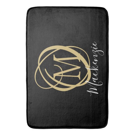 Elegante stijlvolle monogram scriptnaam zwart goud badmat (Voorkant Verticaal)