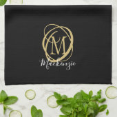 Elegante stijlvolle monogram scriptnaam zwart goud theedoek (Gevouwen)