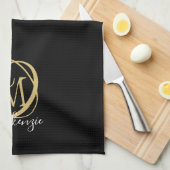 Elegante stijlvolle monogram scriptnaam zwart goud theedoek (Quarter Fold)
