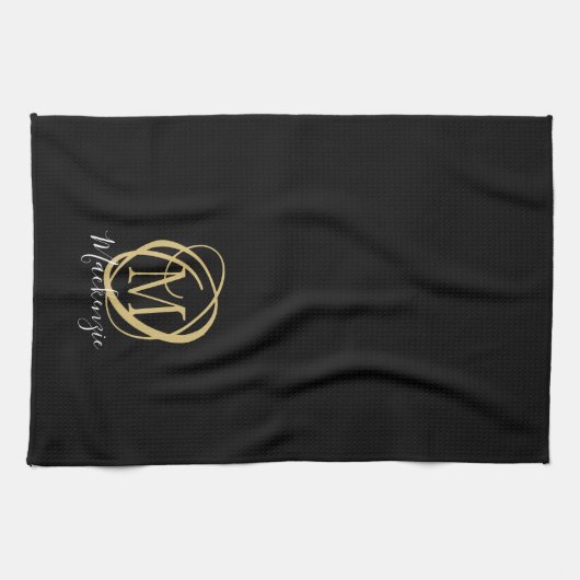 Elegante stijlvolle monogram scriptnaam zwart goud theedoek (Horizontaal)