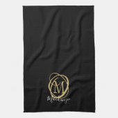 Elegante stijlvolle monogram scriptnaam zwart goud theedoek (Verticaal)