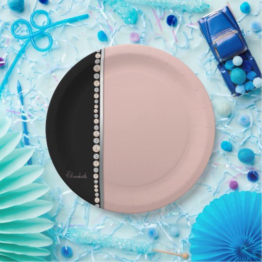 Elegante stijlvolle parels diamanten zwart roze papieren bordje (Feest)