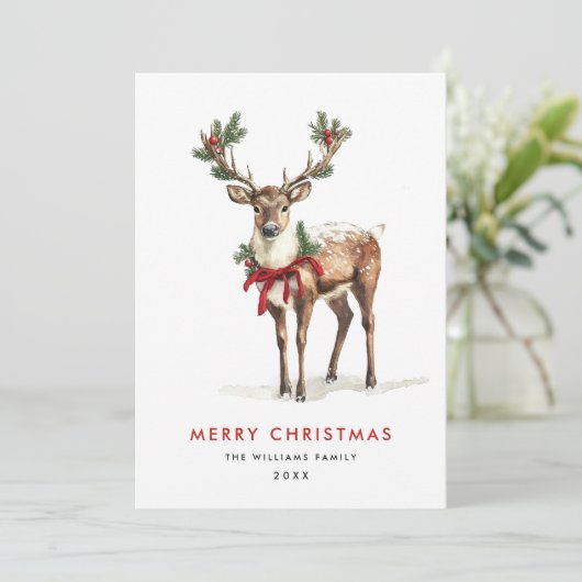 Elegante stijlvolle rendier vrolijke kerstgroet feestdagenkaart (Staand voorkant)