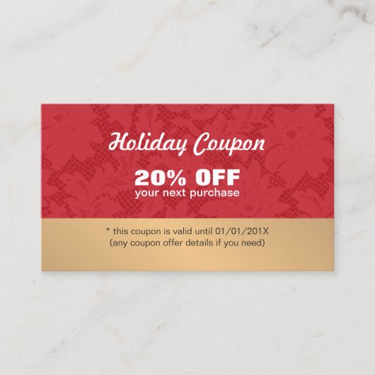 Elegante stijlvolle rode kant gouden vakantie coup kortingskaartje (Voorkant)
