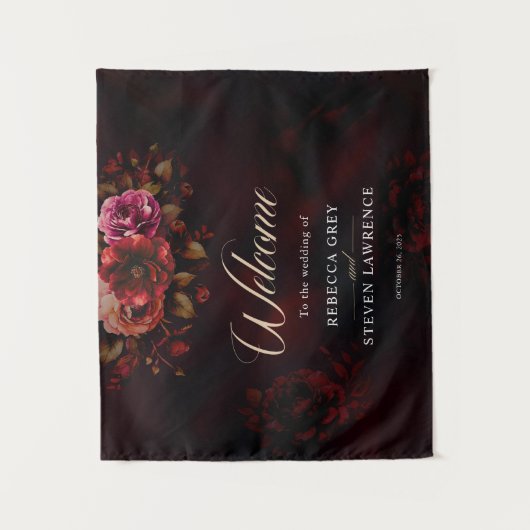 Elegante stijlvolle rode zwarte bloemen bruiloft w wandkleed (Voorkant)