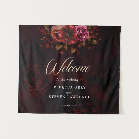 Elegante stijlvolle rode zwarte bloemen bruiloft w wandkleed (Voorkant (horizontaal))