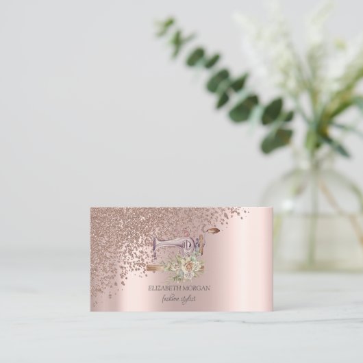 Elegante Stijlvolle Roos Gouden Diamanten Naaimach Visitekaartje (Staand voorkant)