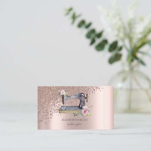 Elegante Stijlvolle Roos Gouden Diamanten Naaimach Visitekaartje (Staand voorkant)