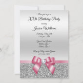 Elegante stijlvolle roze strik en zilveren glitter kaart (Voorkant)