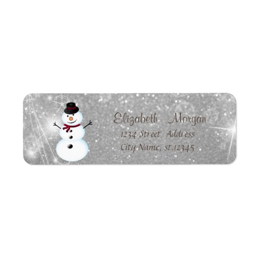 Elegante, stijlvolle sneeuwman, zilveren glitters etiket (Voorkant)